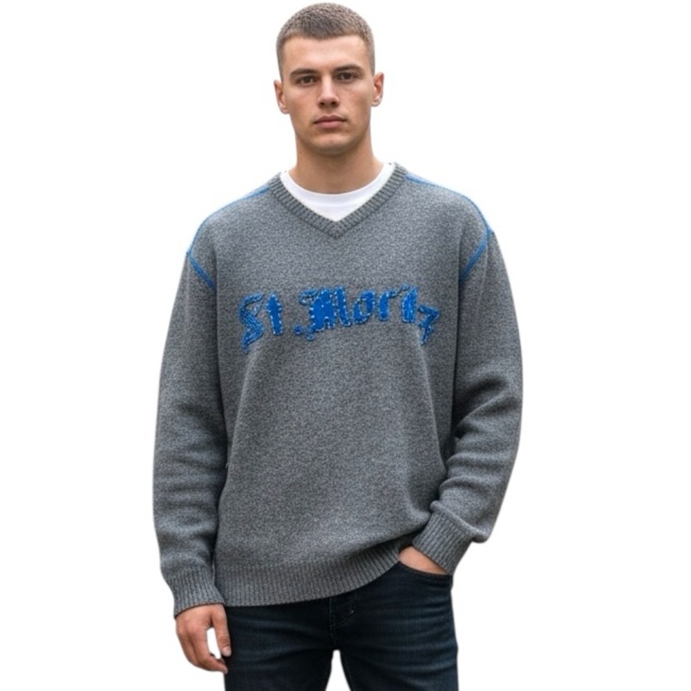 State of Art Men’s Pure Wool Sweater Size M Gray Blue Trim St. Moritz Patch
